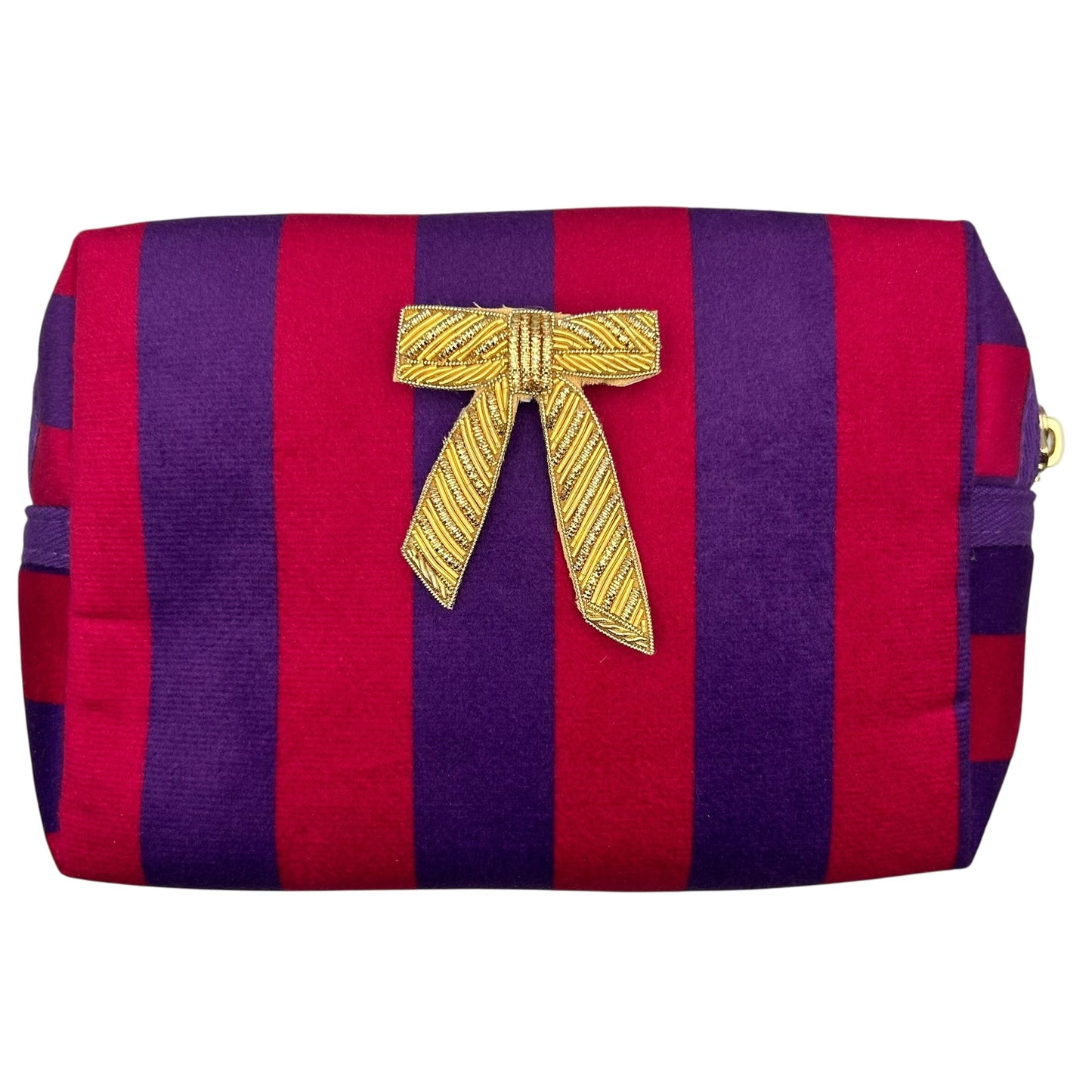 Large purple stripe makeup bag with Bow brooch