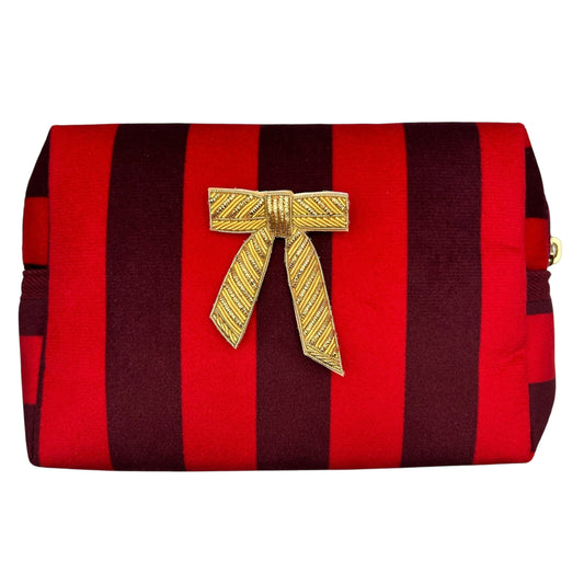 Large red stripe makeup bag with Bow brooch