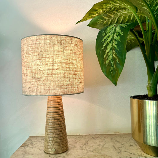 Ribbed Beech style rechargeable touch lamp with cream shade