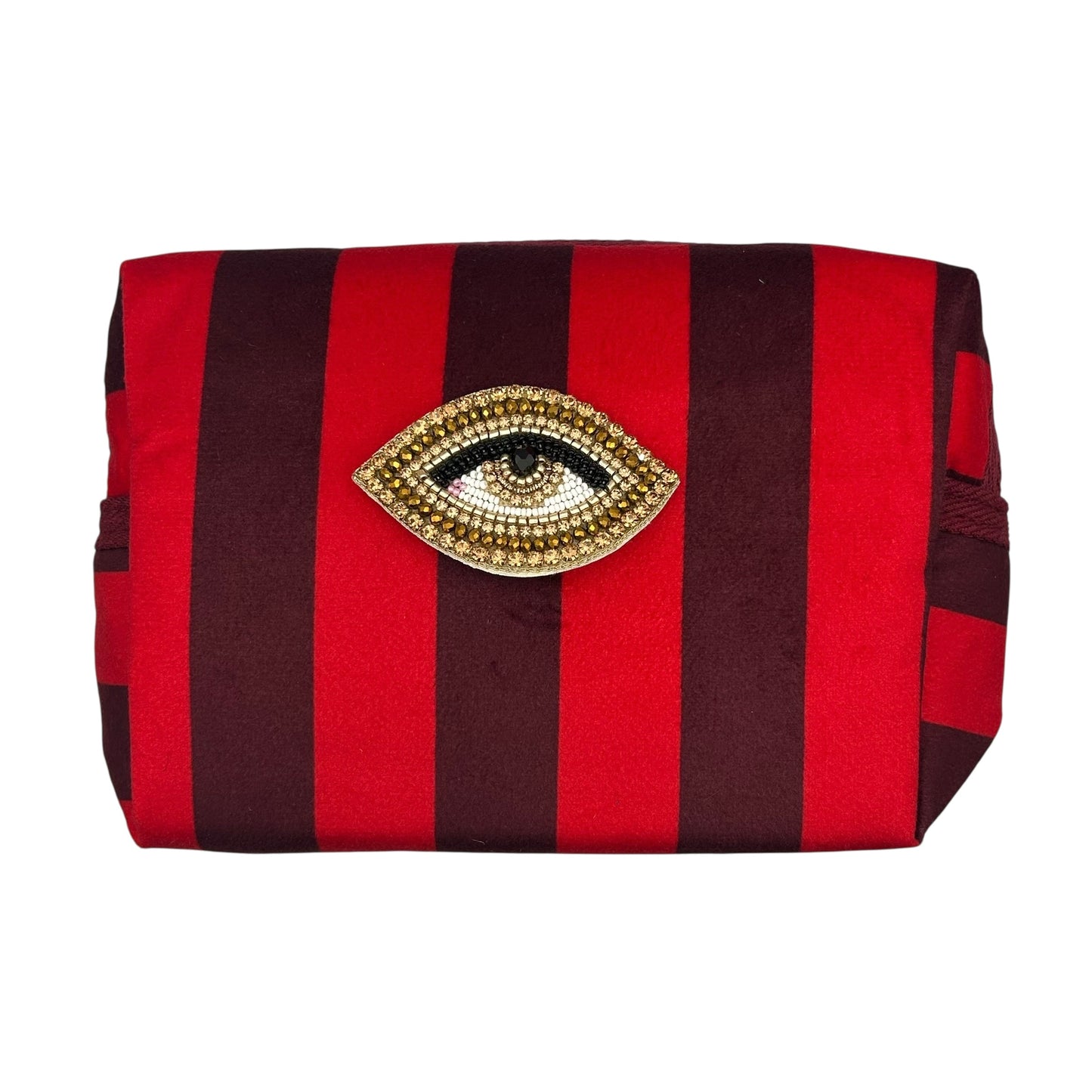 Large red stripe makeup bag with Sparkle Eye brooch
