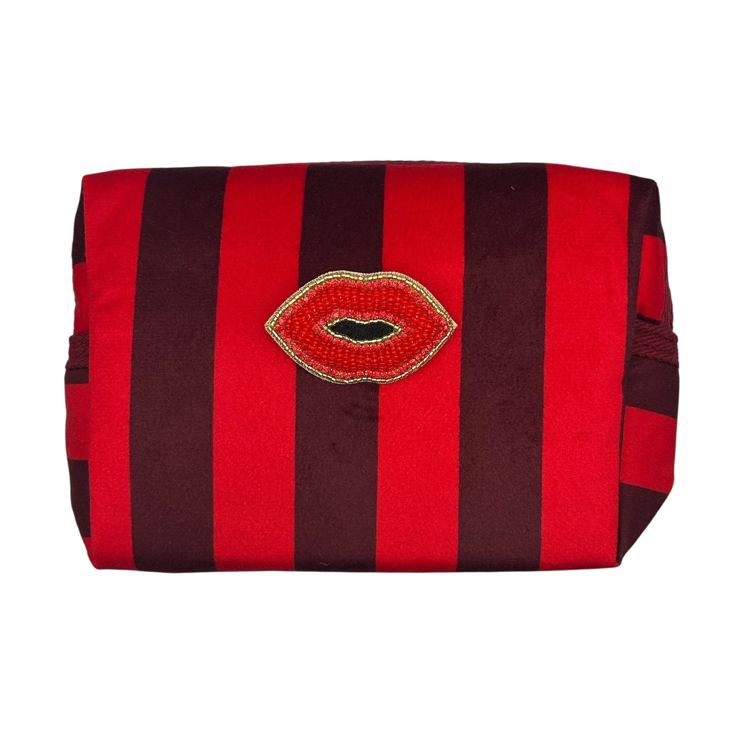 Large red stripe makeup bag with Red Lips brooch