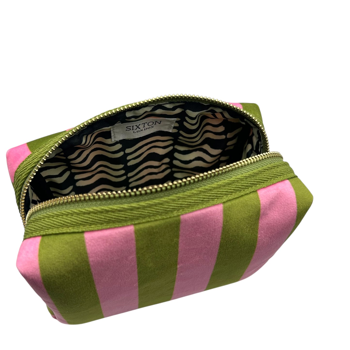 Chartreuse stripe makeup bag with Sunray Eye pin