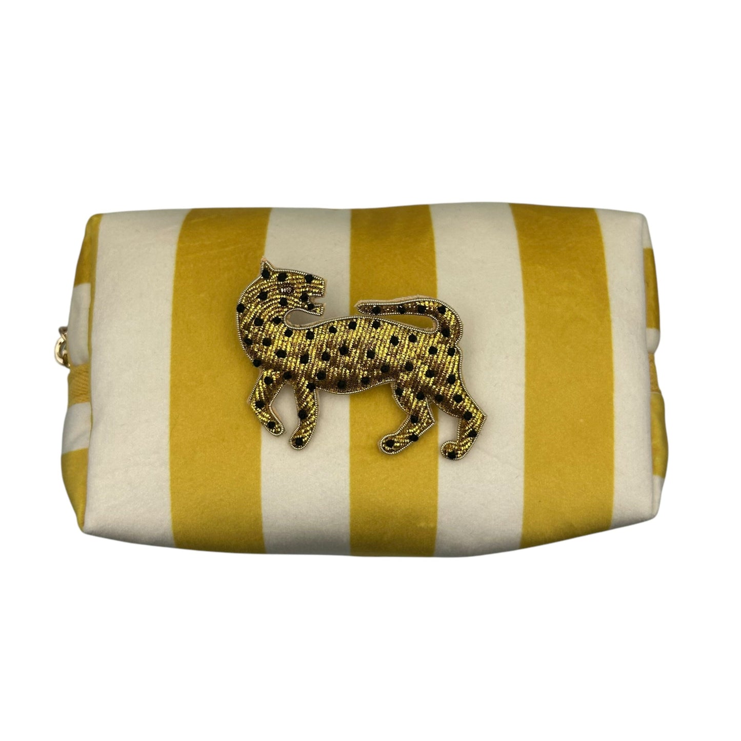 Yellow stripe makeup bag with Leopard pin