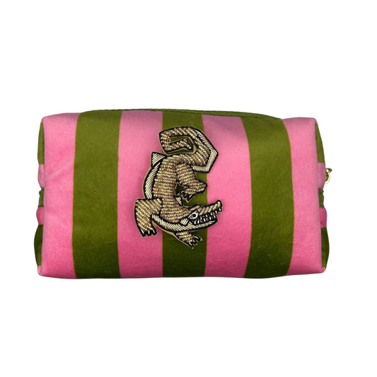Chartreuse stripe makeup bag with Crocodile pin