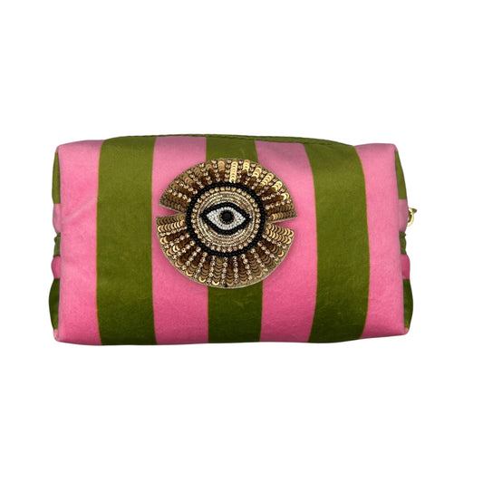 Chartreuse stripe makeup bag with Sunray Eye pin