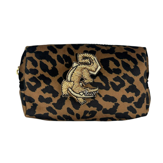Leopard print makeup bag with Crocodile brooch
