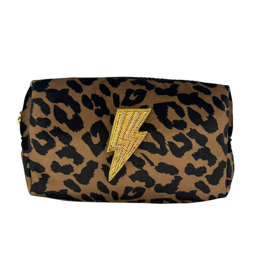 Leopard print makeup bag with Lightning Bolt brooch