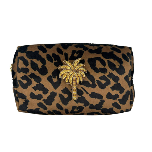 Leopard print makeup bag with Palm Tree brooch