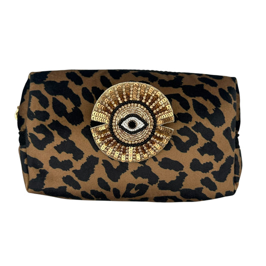 Leopard print makeup bag with Sunray Eye brooch