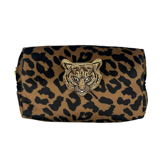 Leopard print makeup bag with Tiger Head brooch