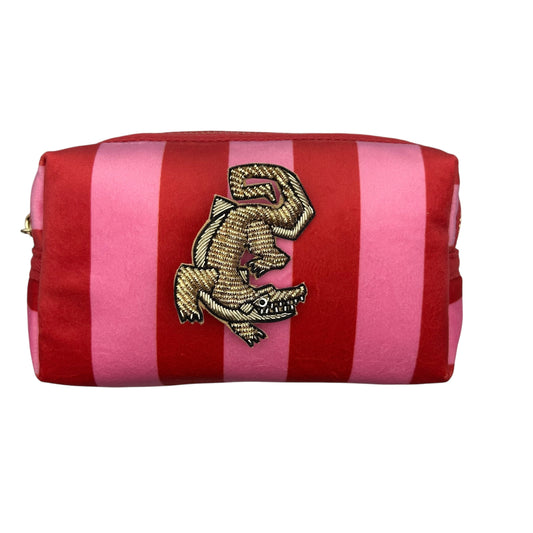 Pink stripe makeup bag with Crocodile brooch
