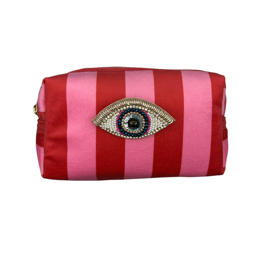 Pink stripe makeup bag with Golden Eye brooch