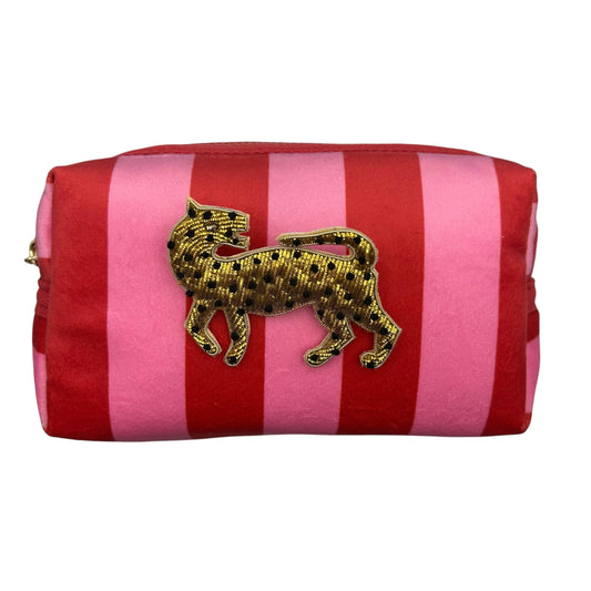 Pink stripe makeup bag with Leopard brooch