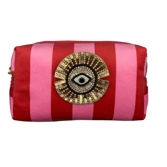 Pink stripe makeup bag with Sunray Eye brooch