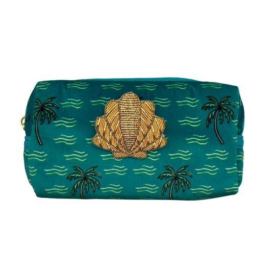 Teal palm tree makeup bag with a detachable Shell brooch