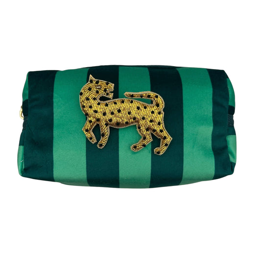 Teal stripe makeup bag with Leopard pin