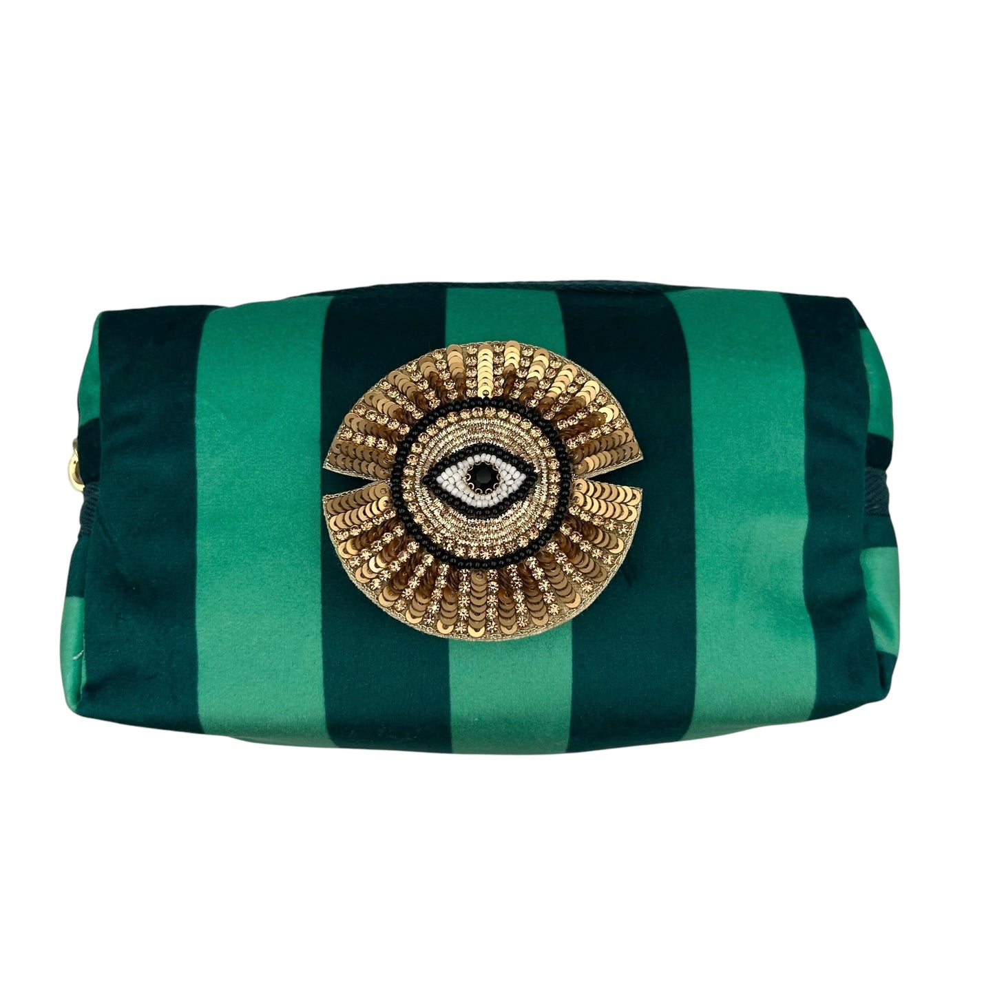 Teal stripe makeup bag with Sunray Eye pin