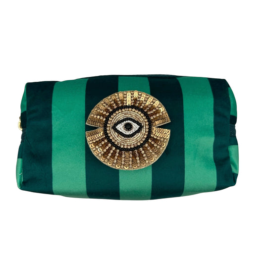 Teal stripe makeup bag with Sunray Eye pin
