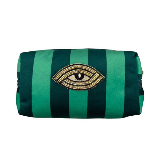 Teal stripe makeup bag with Linear Eye pin