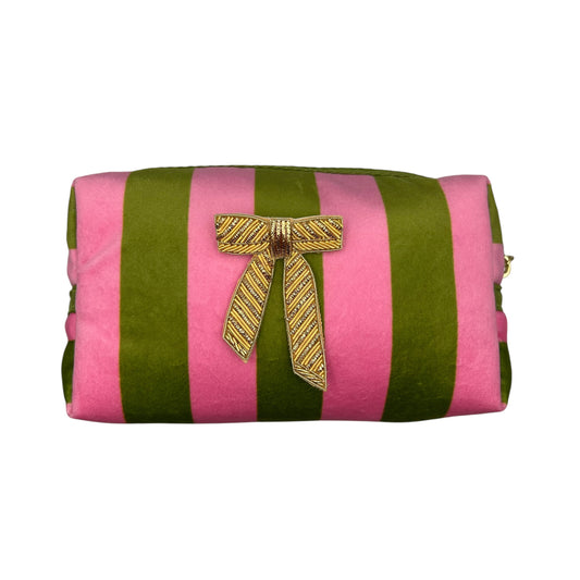 Chartreuse stripe makeup bag with Gold Bow pin