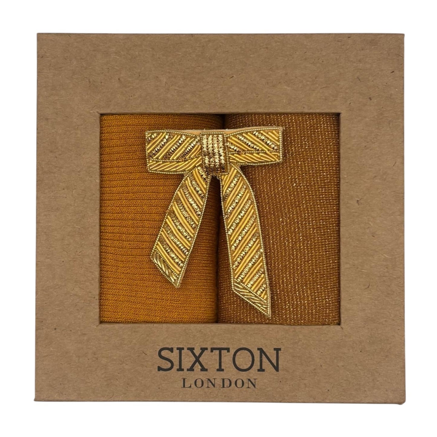 Mustard Barcelona & Copper Tokyo sock box duo with embroidered brooch