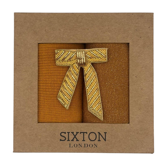Mustard Barcelona & Copper Tokyo sock box duo with embroidered brooch