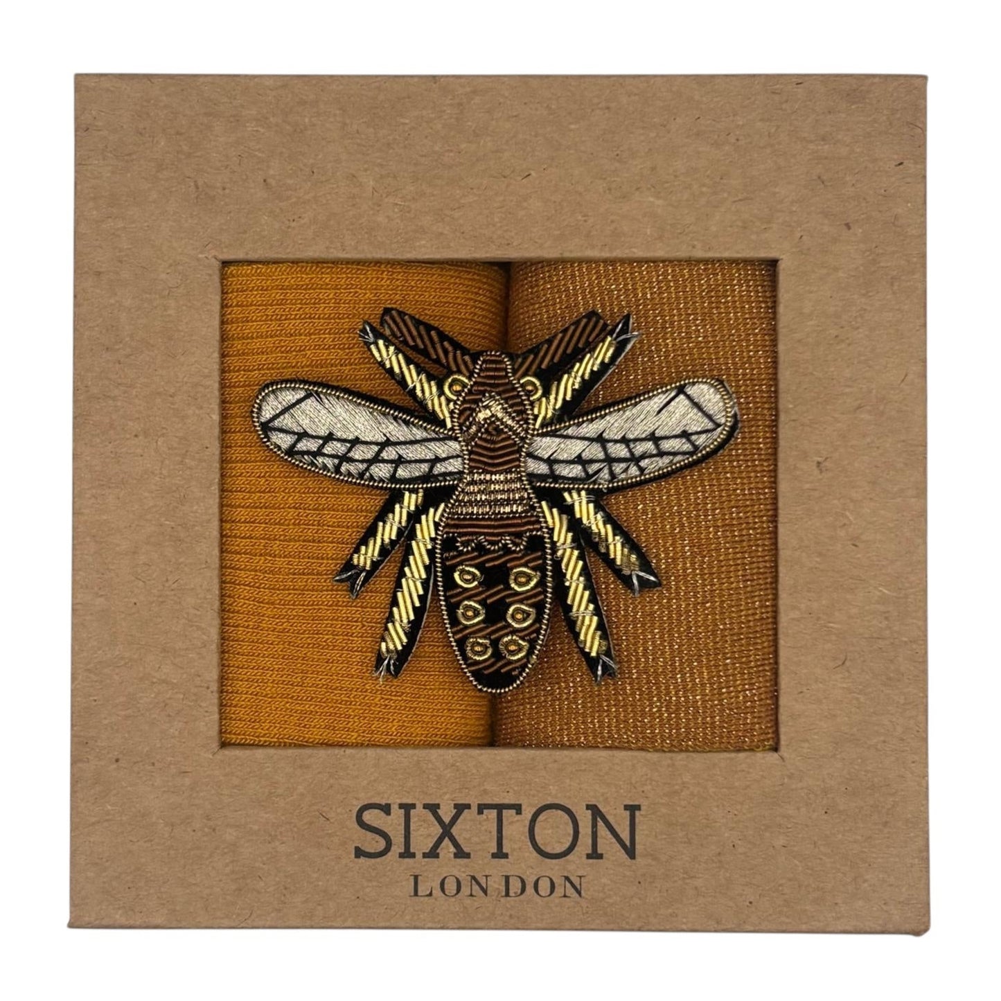 Mustard Barcelona & Copper Tokyo sock box duo with embroidered brooch