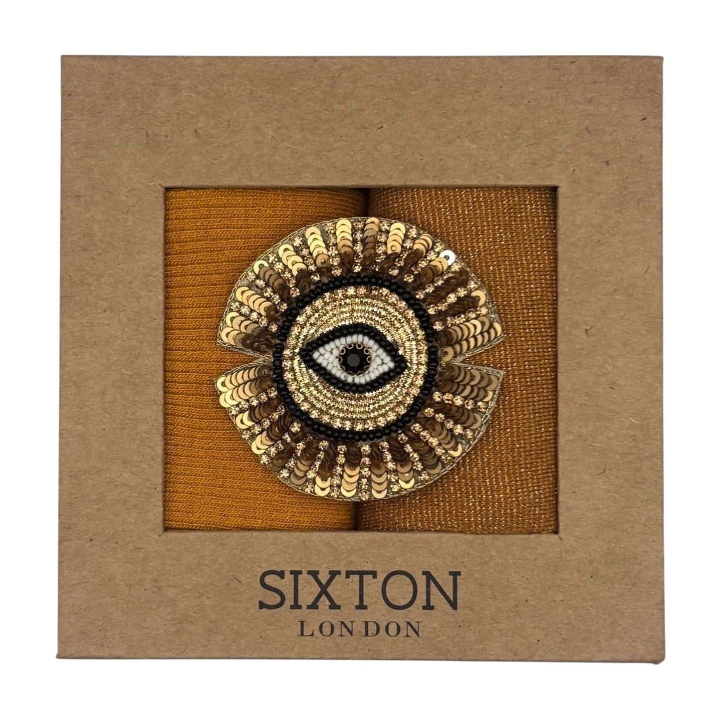 Mustard Barcelona & Copper Tokyo sock box duo with embroidered brooch