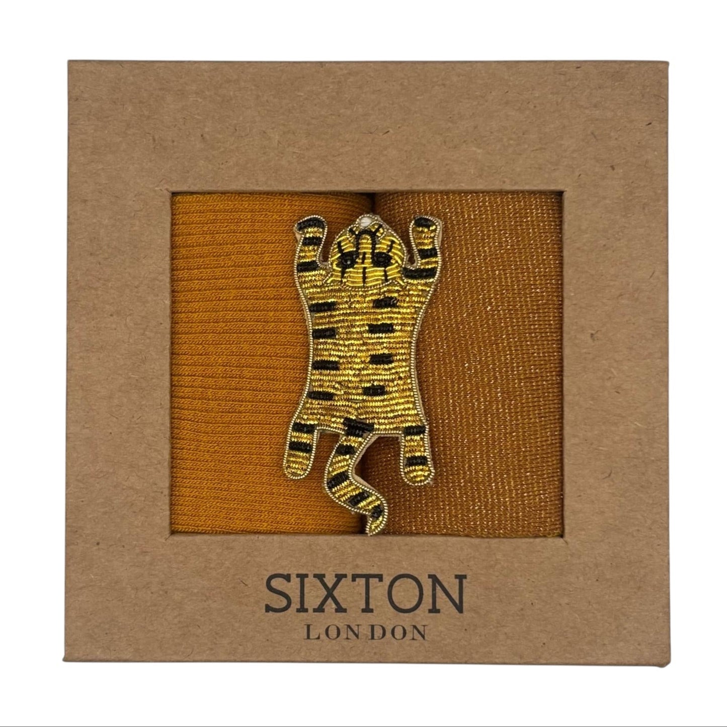 Mustard Barcelona & Copper Tokyo sock box duo with embroidered brooch