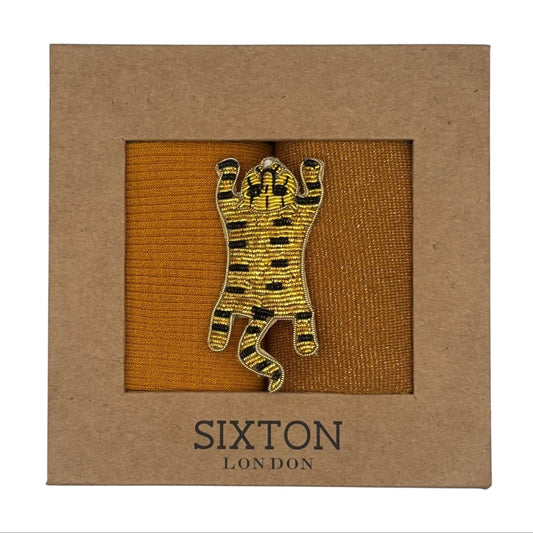 Mustard Barcelona & Copper Tokyo sock box duo with embroidered brooch
