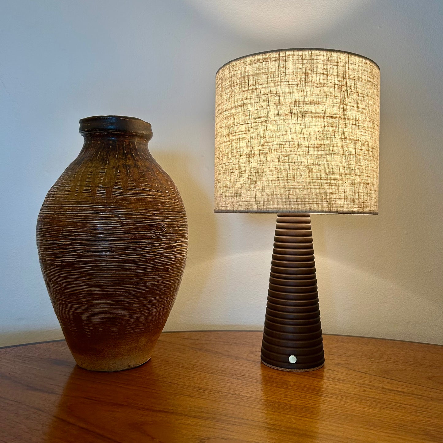 Ribbed Walnut style rechargeable touch lamp with cream shade