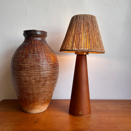 Large Smooth Teak style rechargeable touch lamp with small rope cone shade