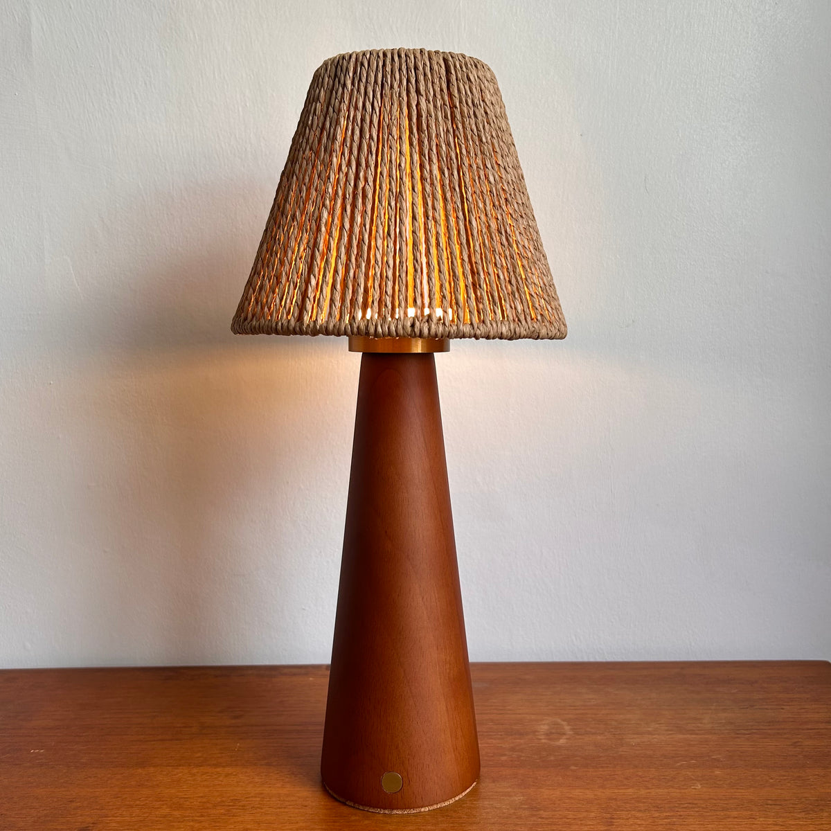 Smooth Teak style rechargeable touch lamp with small rope cone shade