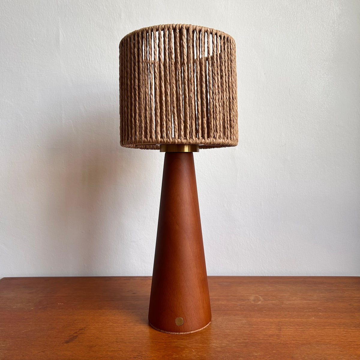 Smooth Teak style rechargeable touch lamp with small rope drum shade