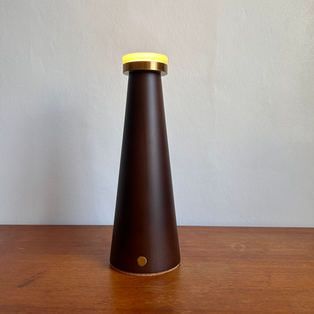 Smooth Walnut style rechargeable touch lamp with small rope drum shade