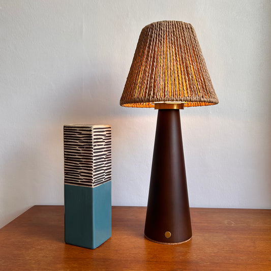 Large Smooth Walnut style rechargeable touch lamp with small rope cone shade