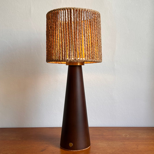 Large Smooth Walnut style rechargeable touch lamp with small rope drum shade
