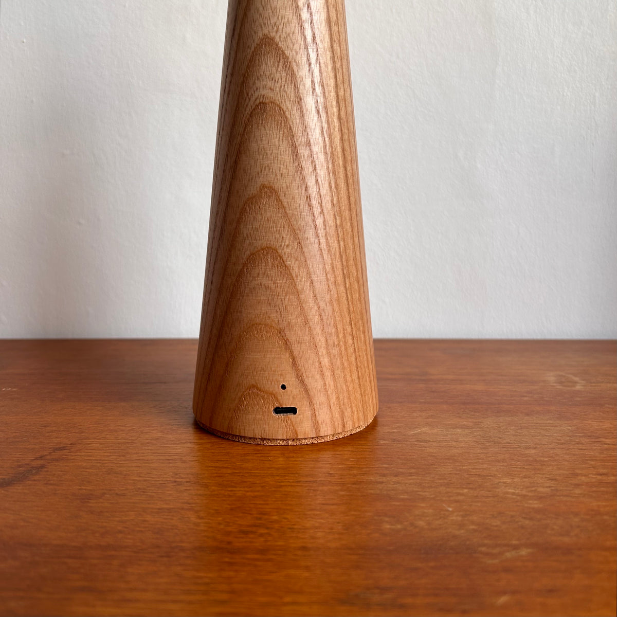 Smooth Beech style rechargeable touch lamp with small rope cone shade