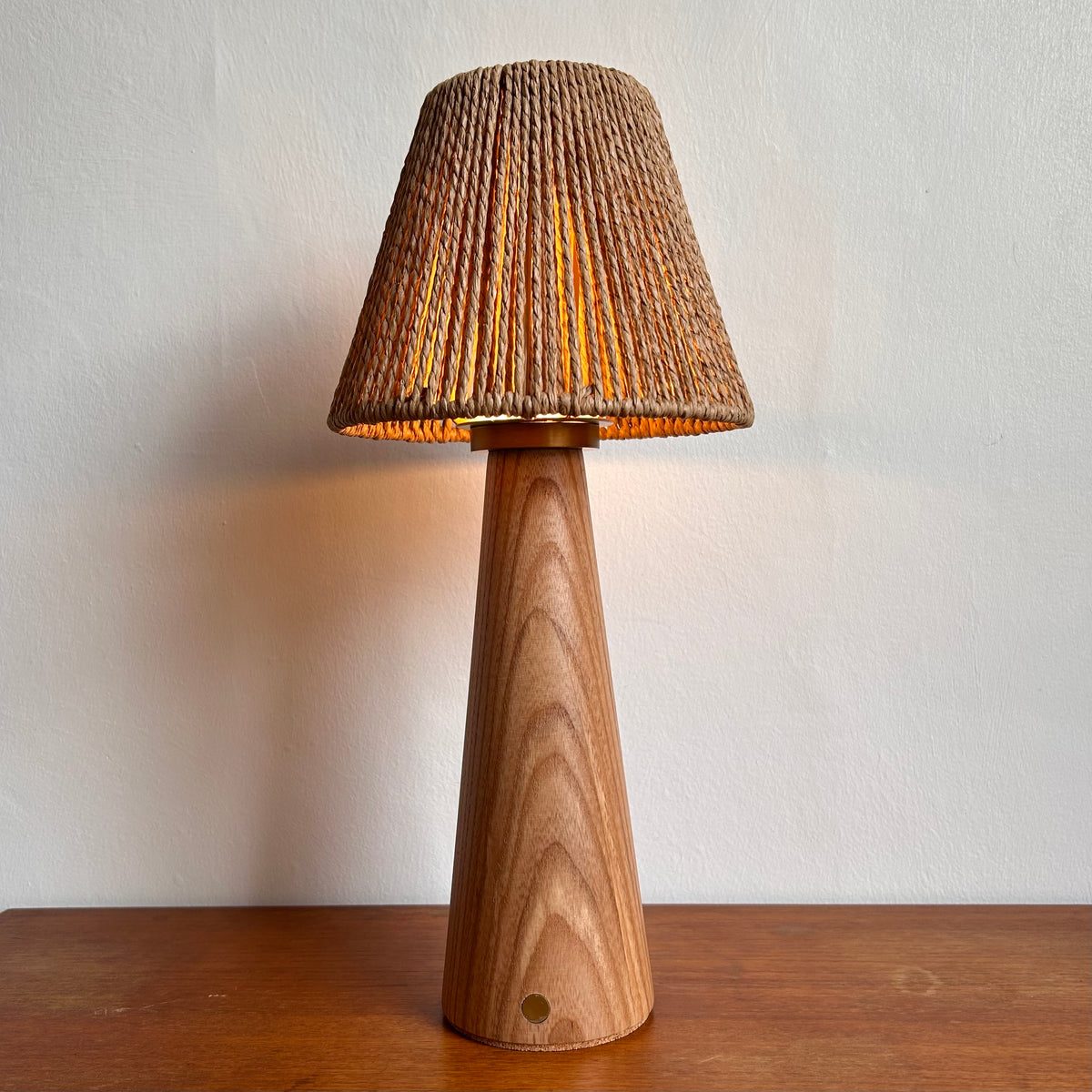 Smooth Beech style rechargeable touch lamp with small rope cone shade