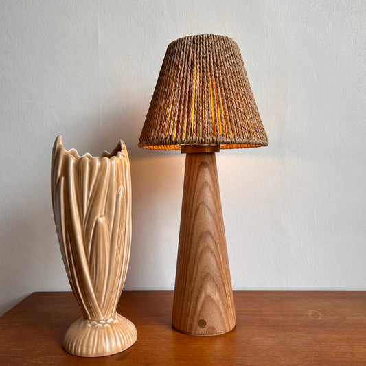 Large Smooth Beech style rechargeable touch lamp with small rope cone shade