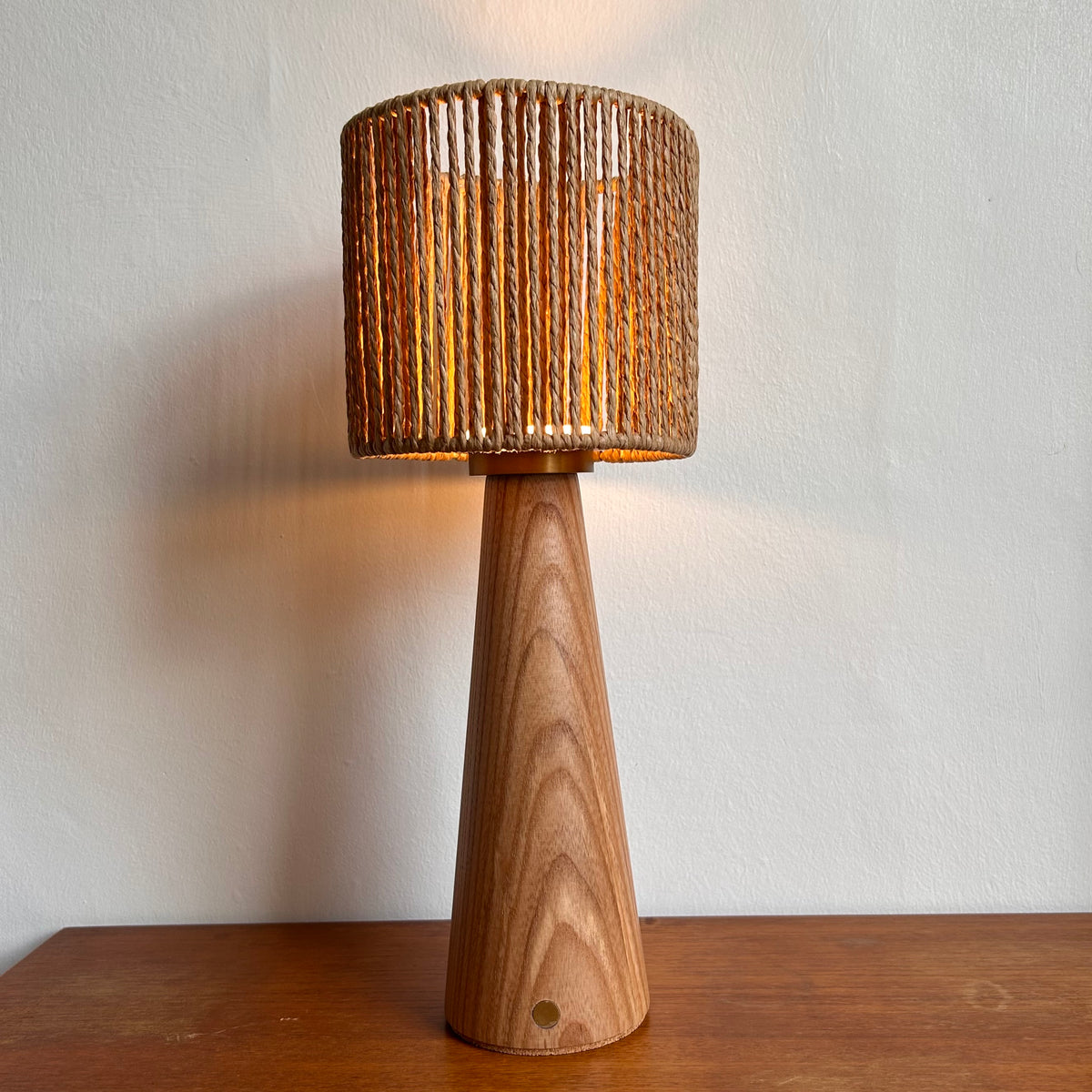 Smooth Beech style rechargeable touch lamp with small rope drum shade