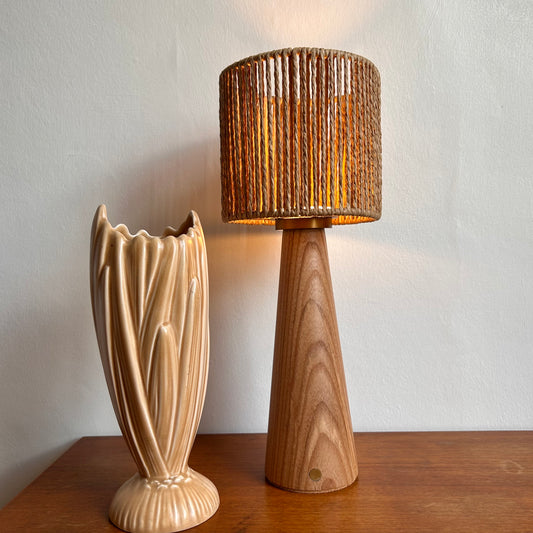 Large Smooth Beech style rechargeable touch lamp with small rope drum shade