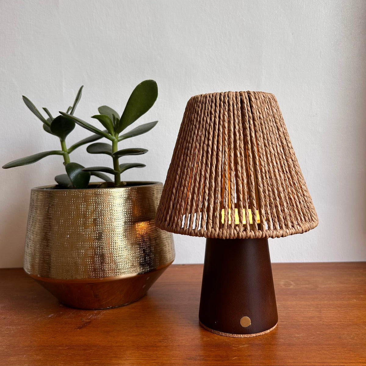 Small Smooth Walnut rechargeable touch lamp with cone rope shade