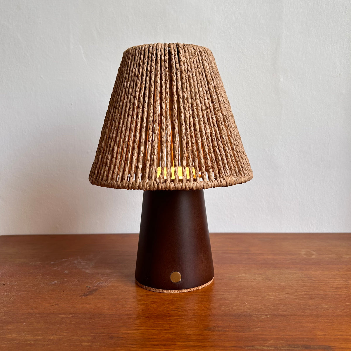 Small Smooth Walnut rechargeable touch lamp with cone rope shade