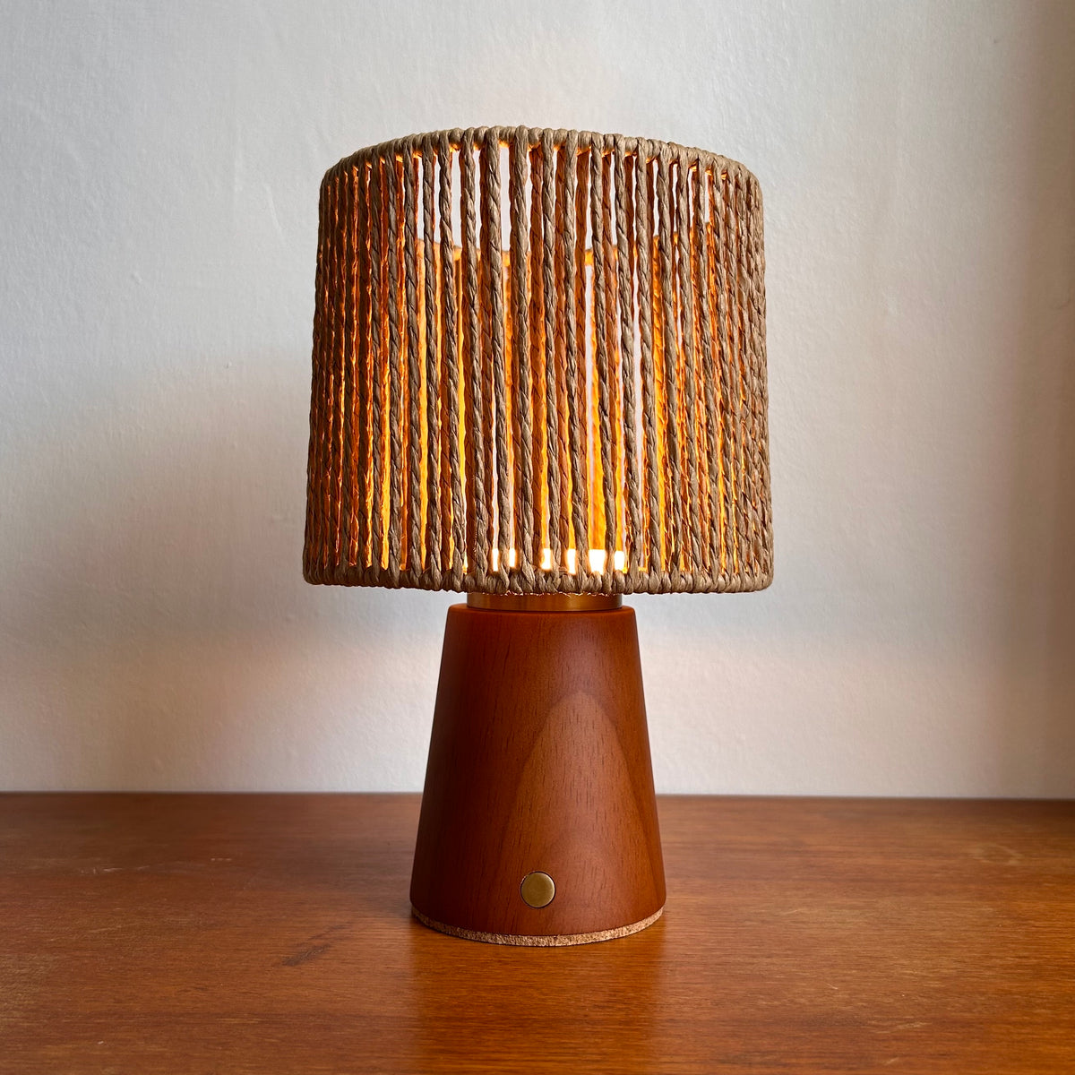 Small Smooth Teak rechargeable touch lamp Drum Rope shade