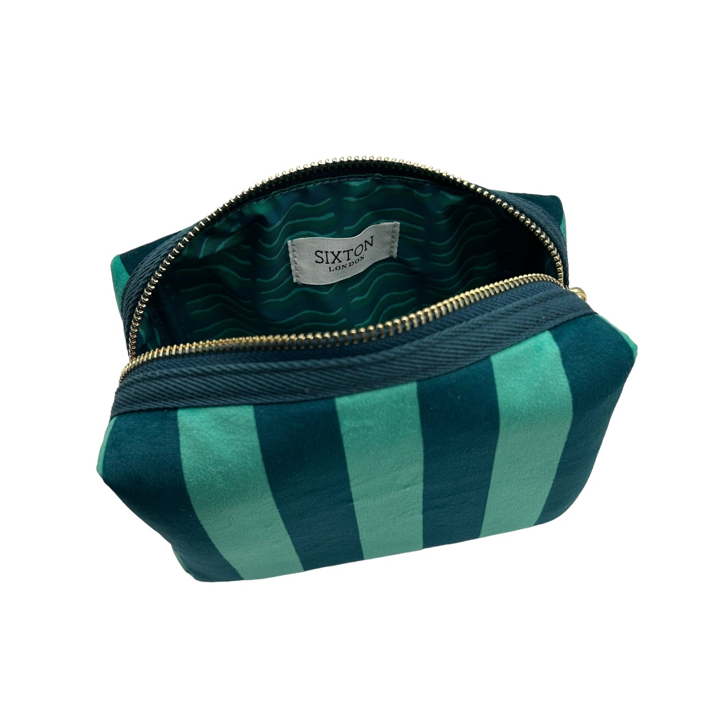 Teal stripe makeup bag with Linear Eye pin