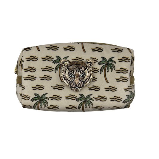 Sand Palm Tree makeup bag with Tiger Head brooch- recycled velvet