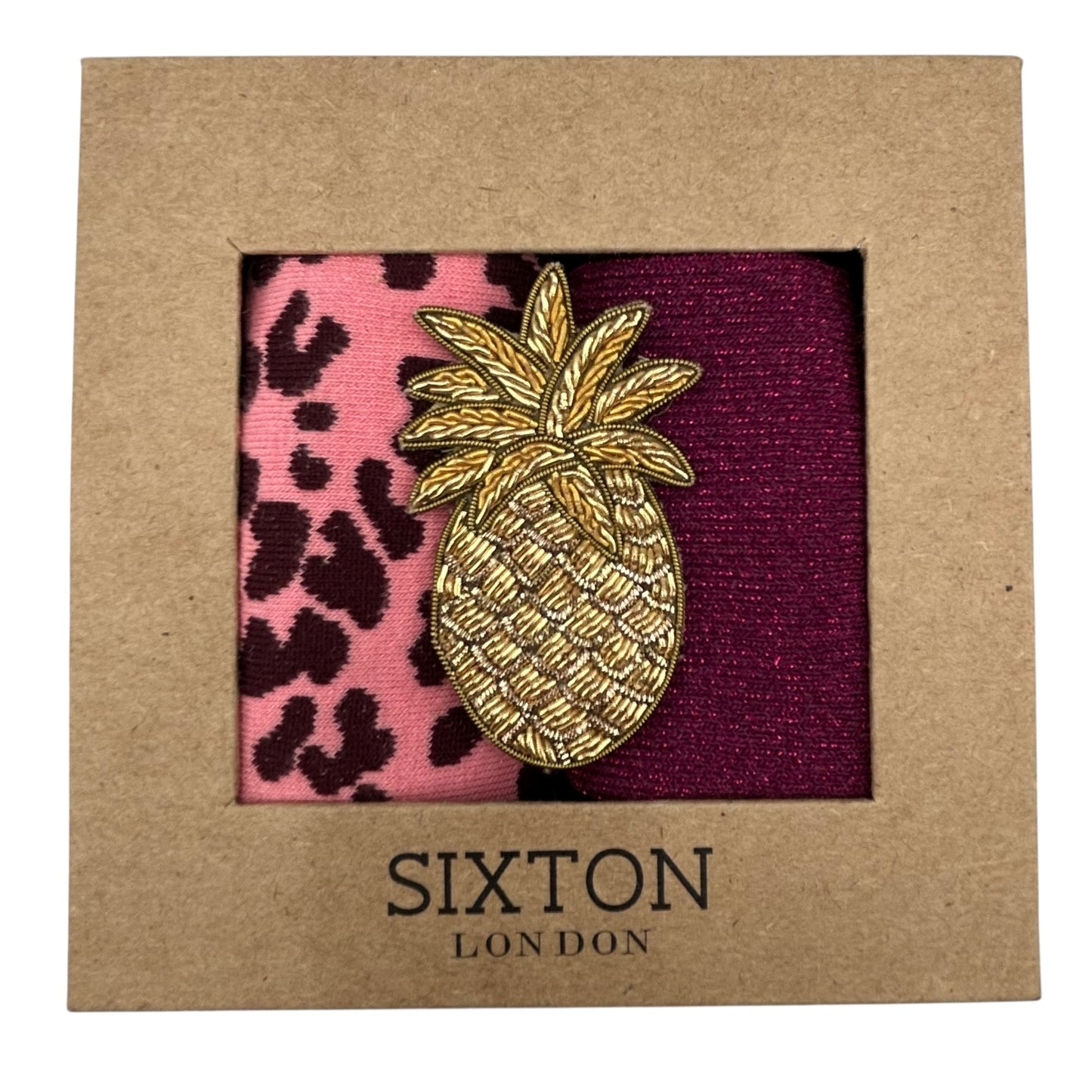 Pink Leopard & Fuchsia Vegas sock box duo with embroidered brooch