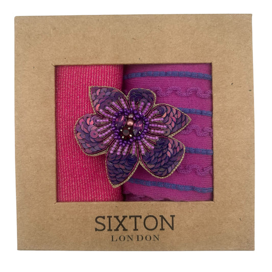 Pink Tokyo & Purple Lyon sock box duo with embroidered brooch
