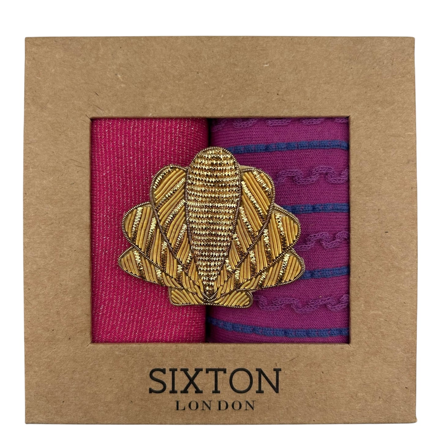 Pink Tokyo & Purple Lyon sock box duo with embroidered brooch